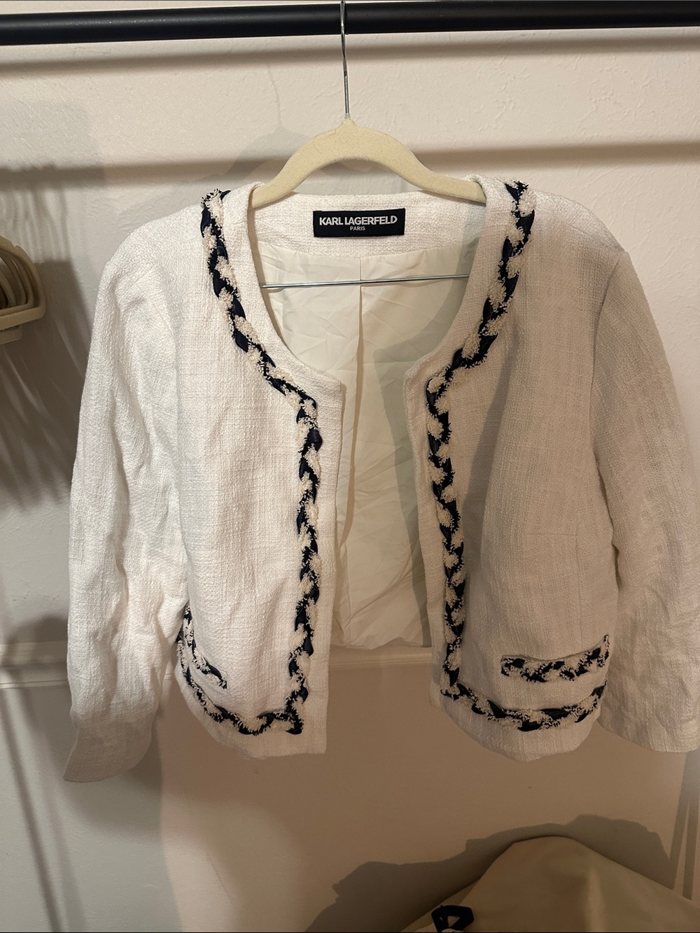 Karl Lagerfeld Cream Tweed Cropped Blazer with Black Trim